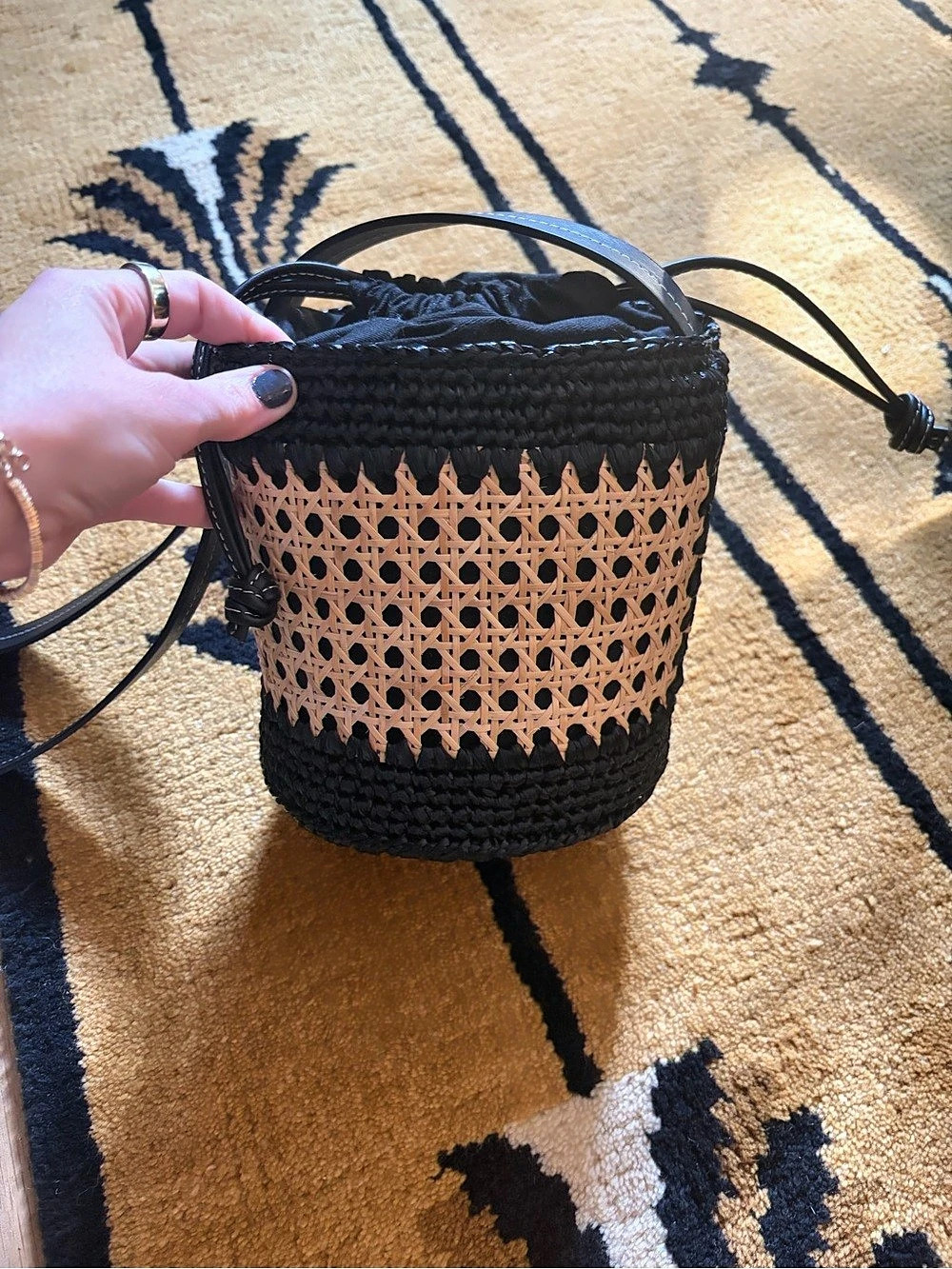 Jenni Kayne Woven Bucket Crossbody Bag in Black & Cane